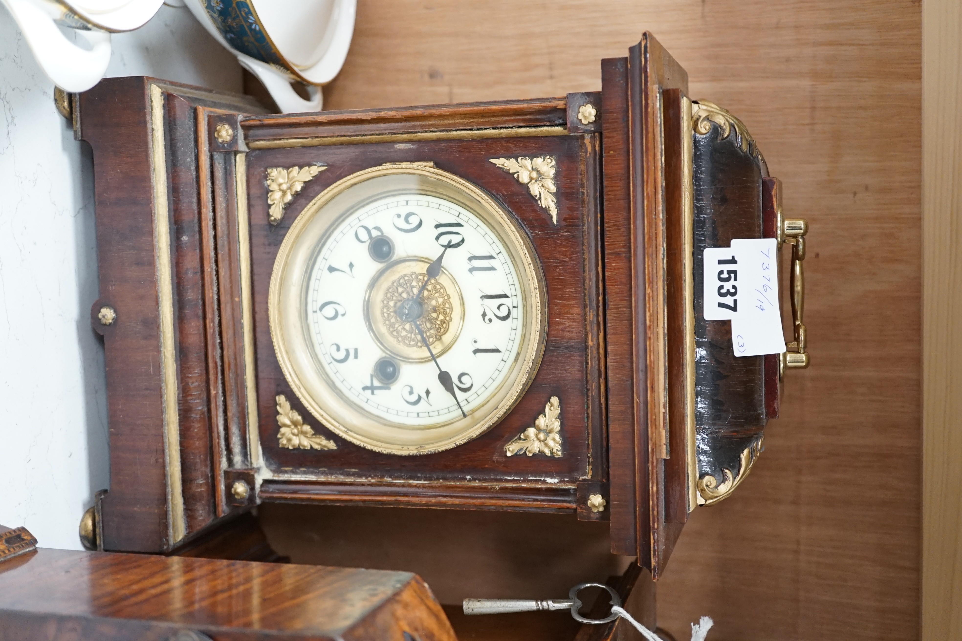 Three late 19th century mantel clocks, tallest 40cm